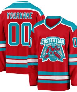 Custom Red Teal-White Hockey Jersey