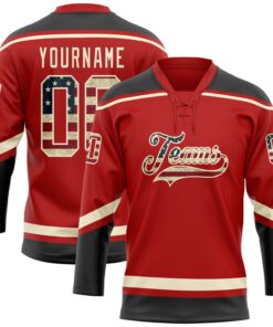 Custom Red Vintage USA Flag Black-Cream Hockey Lace Neck Jersey