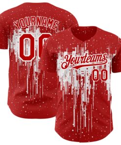 Custom Red White 3D Pattern Design Dripping Splatter Art Authentic Baseball Jersey