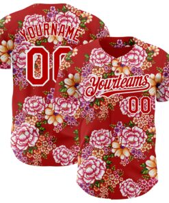 Custom Red White 3D Pattern Design Northeast China Big Flower Authentic Baseball Jersey