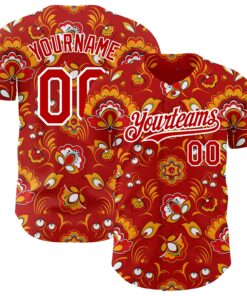 Custom Red White 3D Pattern Design Northeast China Big Flower Authentic Baseball Jersey
