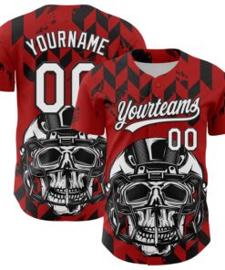 Custom Red White-Black 3D Pattern Design Football Skull Helmet Authentic Baseball Jersey