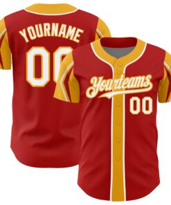 Custom Red White-Gold 3 Colors Arm Shapes Authentic Baseball Jersey