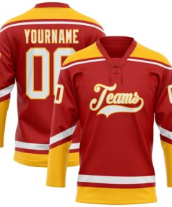 Custom Red White-Gold Hockey Lace Neck Jersey