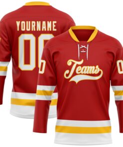 Custom Red White-Gold Hockey Lace Neck Jersey