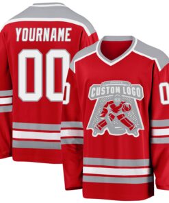 Custom Red White-Gray Hockey Jersey