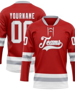 Custom Red White-Gray Hockey Lace Neck Jersey