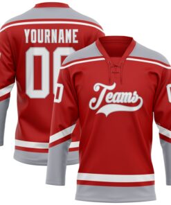 Custom Red White-Gray Hockey Lace Neck Jersey