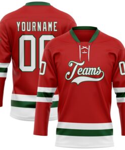 Custom Red White-Green Hockey Lace Neck Jersey