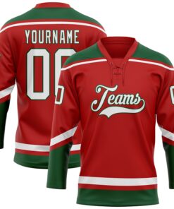 Custom Red White-Green Hockey Lace Neck Jersey