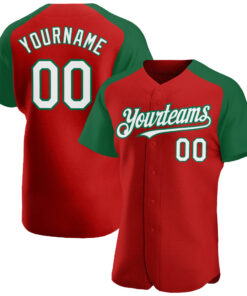 Custom Red White-Kelly Green Authentic Raglan Sleeves Baseball Jersey