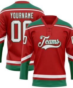 Custom Red White-Kelly Green Hockey Lace Neck Jersey