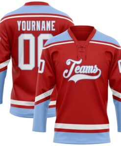 Custom Red White-Light Blue Hockey Lace Neck Jersey