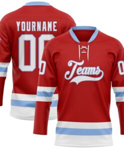 Custom Red White-Light Blue Hockey Lace Neck Jersey