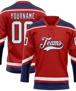 Custom Red White-Navy Hockey Lace Neck Jersey