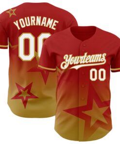 Custom Red White-Old Gold 3D Pattern Design Gradient Style Twinkle Star Authentic Baseball Jersey