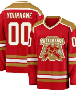 Custom Red White-Old Gold Hockey Jersey