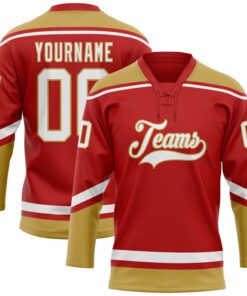 Custom Red White-Old Gold Hockey Lace Neck Jersey