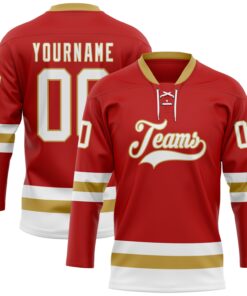 Custom Red White-Old Gold Hockey Lace Neck Jersey
