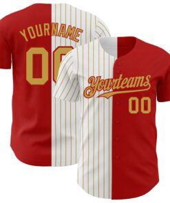 Custom Red White-Old Gold Pinstripe Authentic Split Fashion Baseball Jersey