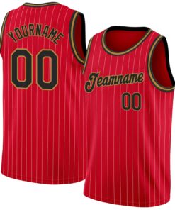 Custom Red White Pinstripe Black-Old Gold Authentic Basketball Jersey
