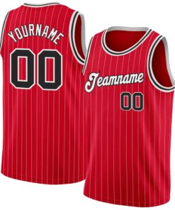 Custom Red White Pinstripe Black-White Authentic Basketball Jersey