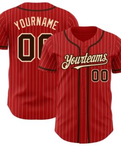 Custom Red White Pinstripe Brown-City Cream Authentic Baseball Jersey