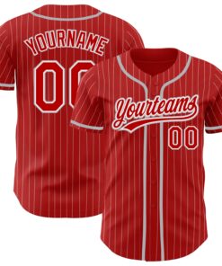 Custom Red White Pinstripe Gray Authentic Baseball Jersey