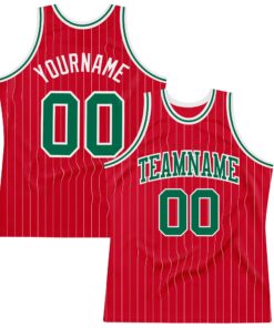 Custom Red White Pinstripe Kelly Green-White Authentic Basketball Jersey