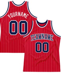 Custom Red White Pinstripe Navy-White Authentic Basketball Jersey