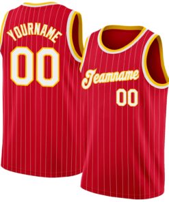 Custom Red White Pinstripe White-Gold Authentic Basketball Jersey