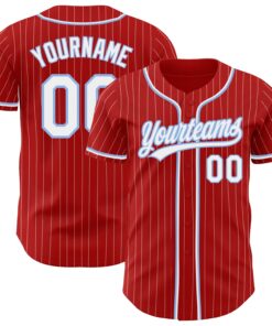Custom Red White Pinstripe White-Light Blue Authentic Baseball Jersey