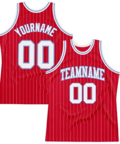 Custom Red White Pinstripe White-Light Blue Authentic Basketball Jersey