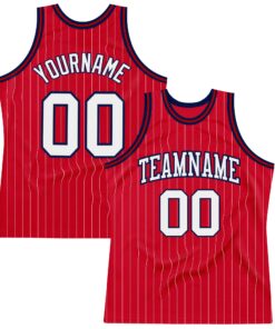 Custom Red White Pinstripe White-Navy Authentic Basketball Jersey