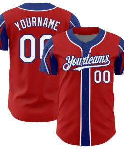 Custom Red White-Royal 3 Colors Arm Shapes Authentic Baseball Jersey
