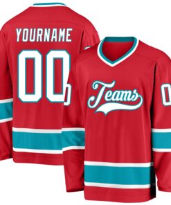 Custom Red White-Teal Hockey Jersey