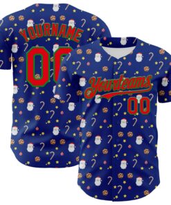 Custom Royal Fire Red-Grass Green 3D Pattern Design Christmas Foodie Food Snack Chocolate Cookie Candy Cane Authentic Baseball Jersey