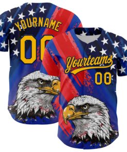 Custom Royal Gold Navy-Red 3D American Flag Eagle And Star Authentic Baseball Jersey