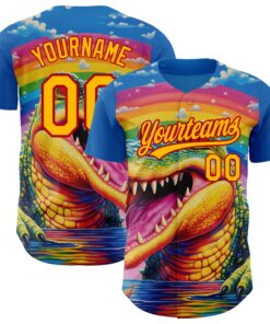 Custom Royal Gold-Red 3D Pattern Design Crocodile Authentic Baseball Jersey
