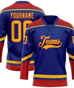 Custom Royal Gold-Red Hockey Lace Neck Jersey