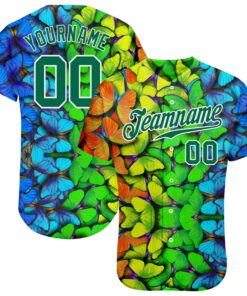 Custom Royal Kelly Green-White 3D Pattern Design Multicolored Butterflies Authentic Baseball Jersey