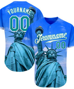 Custom Royal Kelly Green-White 3D Pattern Design Statue Of Liberty Authentic Baseball Jersey