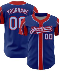 Custom Royal Light Blue-Red 3 Colors Arm Shapes Authentic Baseball Jersey