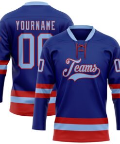Custom Royal Light Blue-Red Hockey Lace Neck Jersey