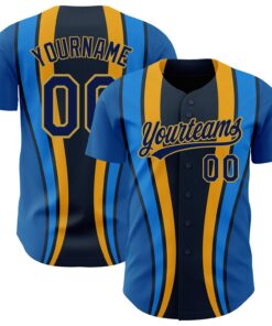 Custom Royal Navy-Old Gold 3D Pattern Design Side Stripes Authentic Baseball Jersey