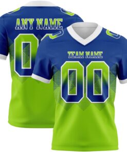 Custom Royal Neon Green-White Mesh Authentic Gradient Square Shape Flag Football Jersey