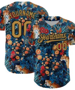 Custom Royal Old Gold-Black 3D Pattern Design Northeast China Big Flower And Leopard Authentic Baseball Jersey