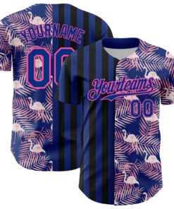 Custom Royal Pink-Black 3D Pattern Design Tropical Palm Leaves And Famingo Authentic Baseball Jersey