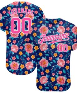 Custom Royal Pink-White 3D Pattern Design Flowers Authentic Baseball Jersey