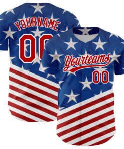 Custom Royal Red-White 3D American Flag Patriotic Authentic Baseball Jersey